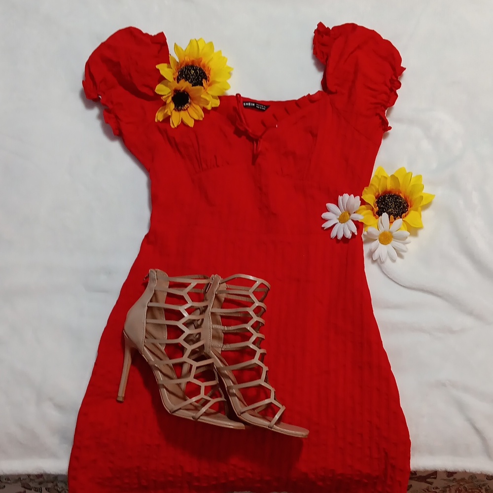 SHEIN: Women's szM.Short Sleeve Cocktail Red Dress.Ruched & Ruffle Detail.